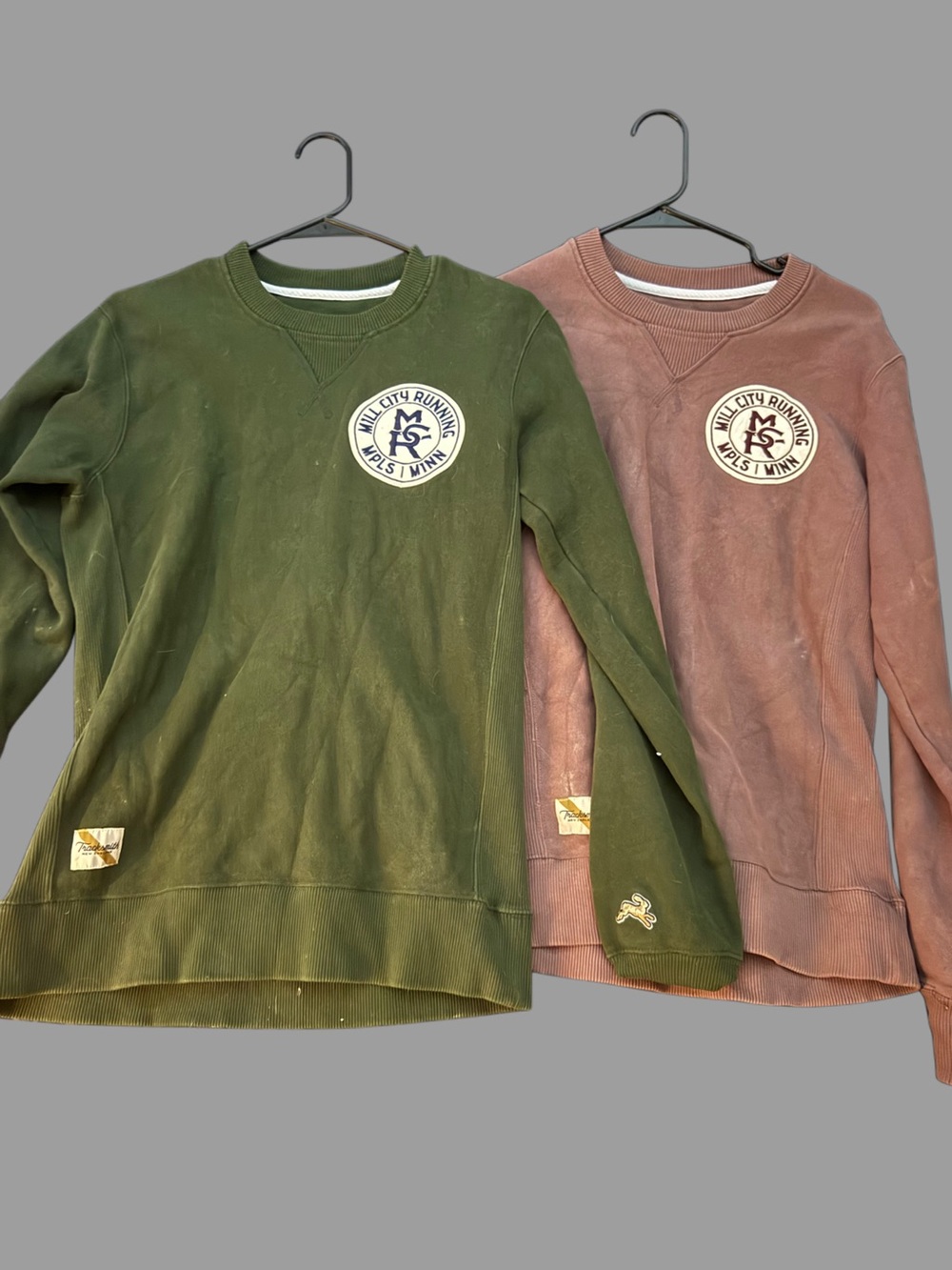 Tracksmith Crewneck Sweatshirts with Crest Patch - Olive Green & Dusty Rose